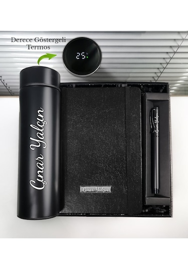 Kişiye Özel Dereceli Termos & İsme Özel Siyah Defter & İsme Özel Roller Kalem Hediye Seti
