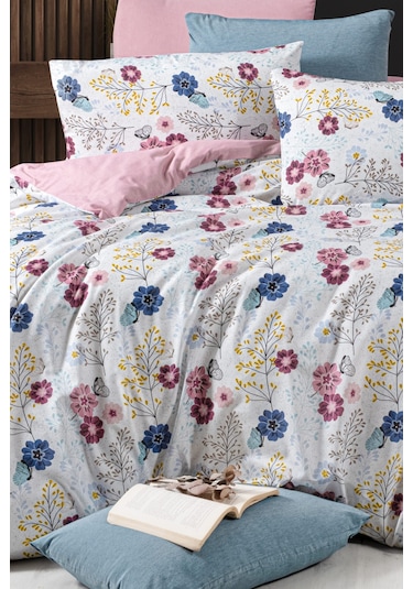 Lastikli Çarşaflı Tek Kişilik Nevresim Takımı Oillet Gül Kurusu-lacivert