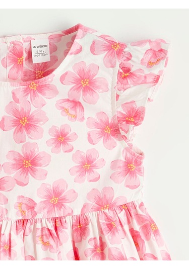 Bisiklet Yaka Kız Çocuk Poplin Elbise Pembe Baskılı