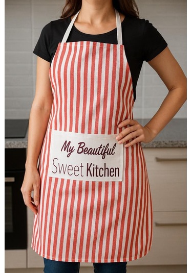 Çizgili Mutfak Önlüğü Cepli Baskılı Dayanıklı Kumaş Önlük Kırmızı