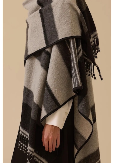 Kadın Çizgili Panço - Gri Gri