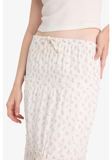Defacto Floral Yüksek Bel Pamuk Astarlı Maxi Etek F9460ax25hswt32 Beyaz