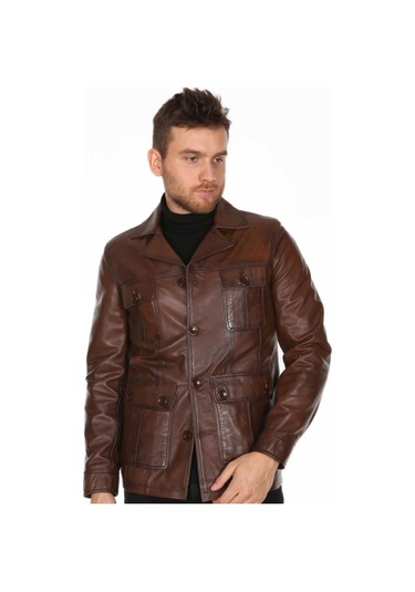 Hakiki Kuzu Derisi Fermuarlı Dört Cepli Düğme Detaylı Erkek Deri Ceket Kahverengi Kahverengi
