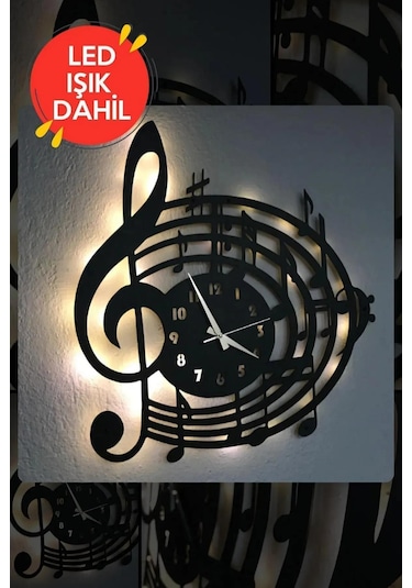 Led Işıklı Ahşap Müzik Duvar Saati Sessiz Dekoratif Modern Siyah