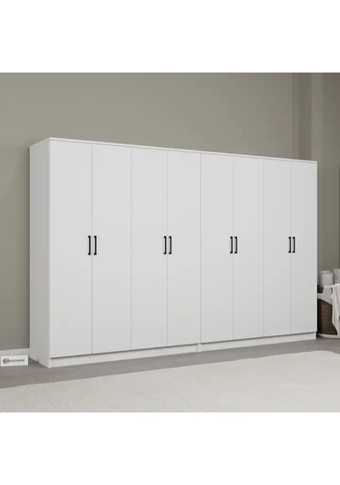 Kardelen Serisi Mat Beyaz 8 Kapaklı 10 Raflı 280 Cm Elbise Dolabı - Gardırop Seti Beyaz