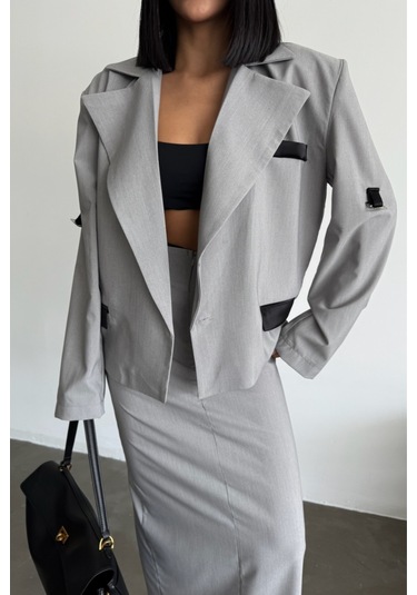 Sensuelle Crop Ceket - Etek Takım - Gri