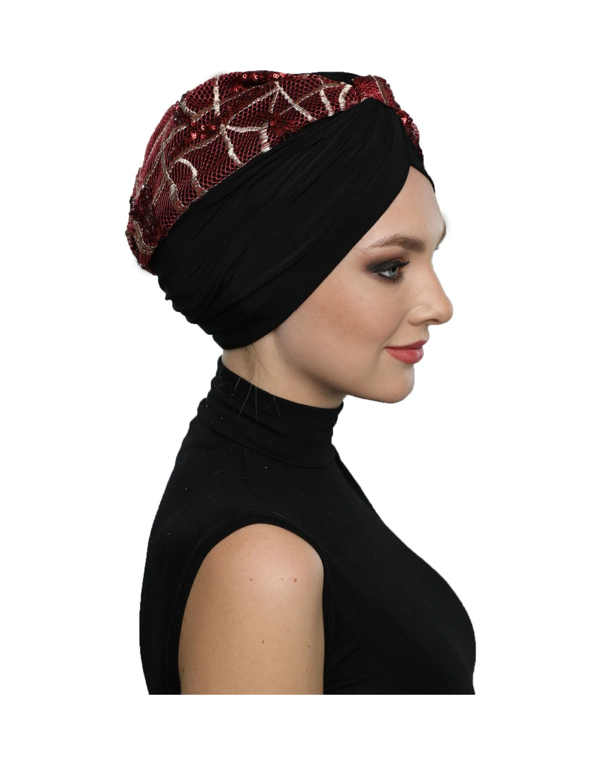 Özel Tasarım Siyah Bej-bordo Pullu Fileli Etnik Desenli Astarlı Hazır Türban Tesettür Abiye Bone Siyah22