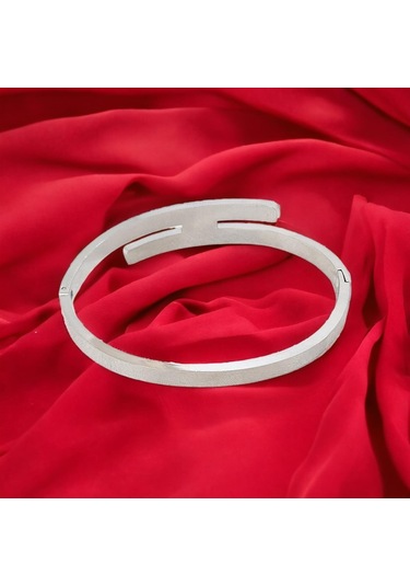 Şık Zirkon Taşlı Çelik Kelepçe Bileklik - Kararmaz Gümüş Kaplama Gümüş