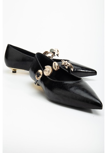 Kadın Kısa Topuklu Aykkabı Siyah Rugan Baretli Minik Ökçe-4322 Siyah