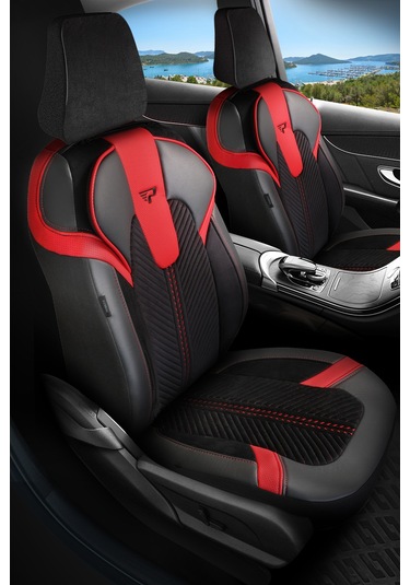 Siyah - Kırmızı Garni Panda Monte Carlo Serisi Velor Kadife Kumaş Oto Koltuk Kılıfı - Tam Set