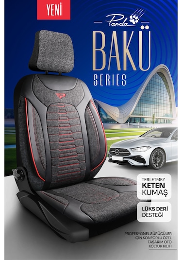 Füme - Kırmızı Panda Bakü Serısı Keten Kumaş Oto Koltuk Kılıfı - Tam Set