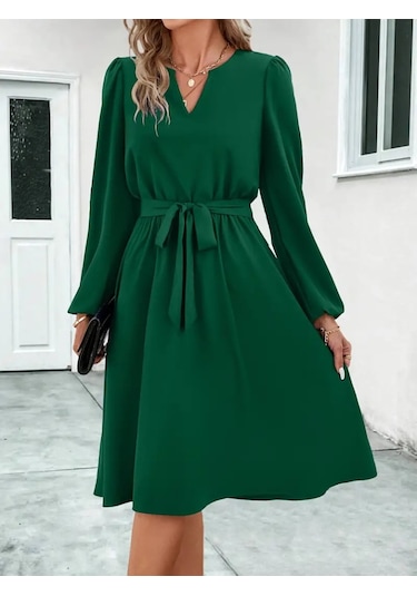 Kadın Uzun Kollu V Yakalı Belden Kuşaklı Kiloş Krep Elbise Yeşil