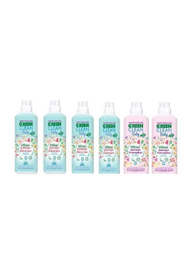 Green Clean Bitkisel Baby Çamaşır Deterjanı 1000 Ml Baby Çamaşır Yumuşatıcı 1000 Ml 6 Lı Set