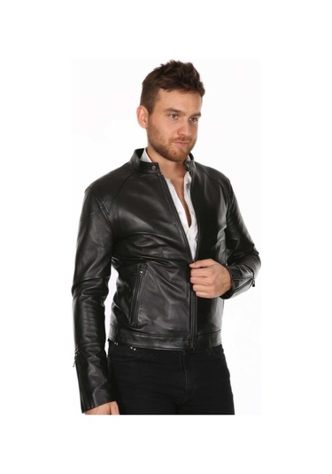 Hakiki Kuzu Derisi Fermuarlı Sportif Erkek Deri Ceket Siyah Siyah