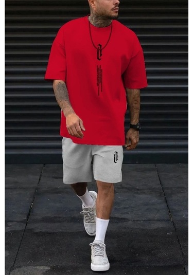 Dikey T-shirt Şort - Kırmızı Gri Alt Üst Kombin Şort Tişört Takım Baskılı Oversize Bisiklet Yaka Kırmızı Gri