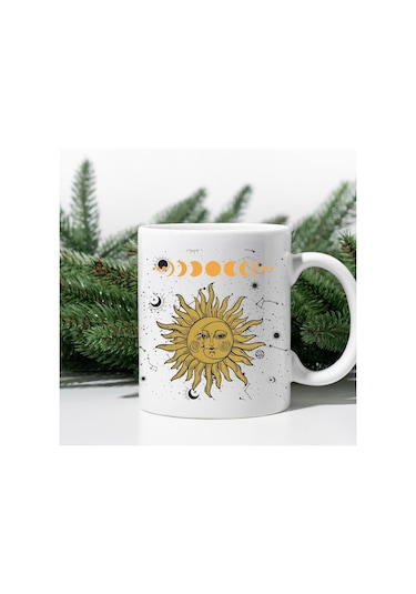 Mistik Tarot Güneş Ve Ay Tasarımlı Porselen Kupa Beyaz