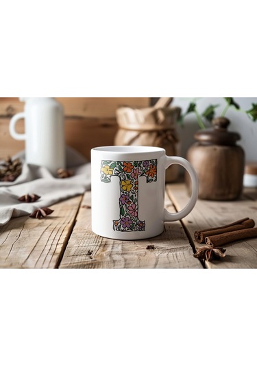 T Baş Harf Çiçek Desenleri İle Natural Tarz Kupa Bardak - Kişiye Özel Çiçekli Kahve Çay Bardak - Beyaz