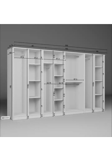 Kardelen Serisi 300 Cm Mat Beyaz 8 Kapılı 13 Raflı Elbise Dolabı - Gardırop Seti Beyaz