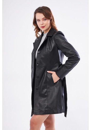 Derinss Dka2373 Hakiki Deri Kadın Siyah Pardesü 001
