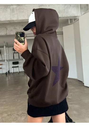 Altamira Unisex Yıldız Sırt Baskılı Oversize Kapşonlu Sweatshirt 001