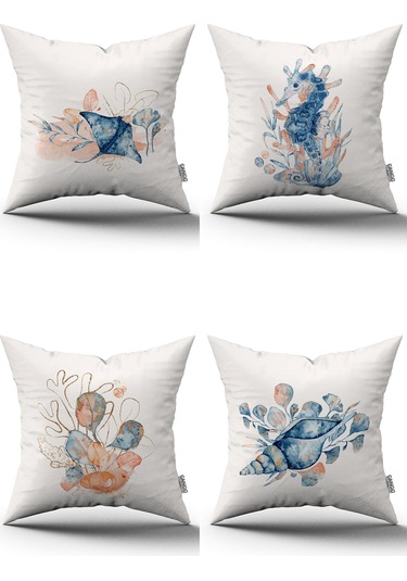 Mavi Turuncu Marin Desenli 4'lü Dijital Baskılı Kırlent Kılıfı Seti 4kmbs279 Mavi