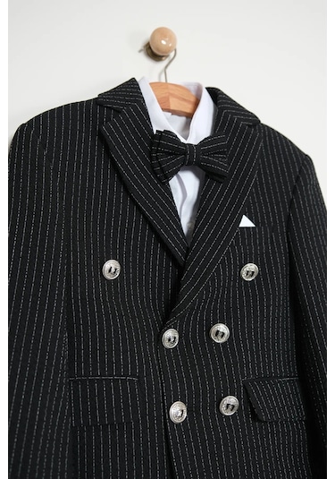 Erkek Çocuk Çizgili Ceket Gömlek Pantolon Papyonlu Takım Elbise Te.1001y Siyah