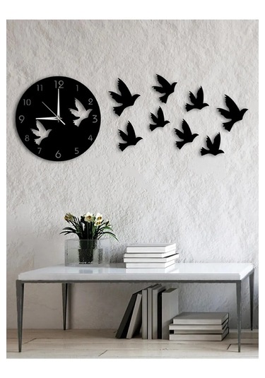 Kuş Tasarımlı Dekoratif Duvar Saat Siyah