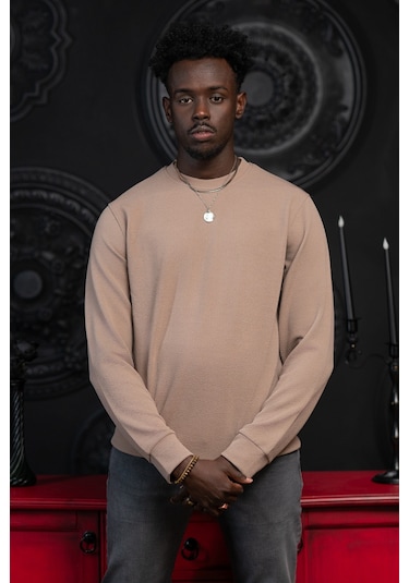 Dorss Regular Fit Armürlü Bisiklet Yaka Likralı Mevsimlik Sweatshirt Kahverengi