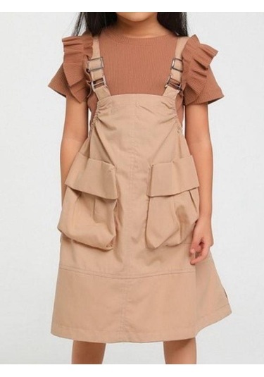 Kız Çocuk Büyük Cepli Askılı Salopet-14133 Camel