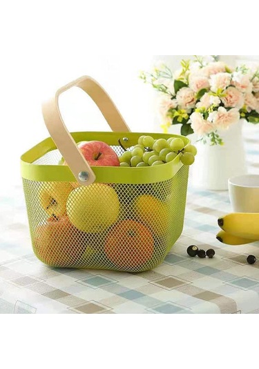 Sones Kare Ahşap Saplı Örgü Sepet Atıştırmalık Meyve Saklama Sepeti Gri