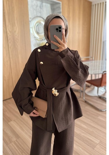Omuz Düğmeli Trenç Takım - Kahverengi Kahverengi
