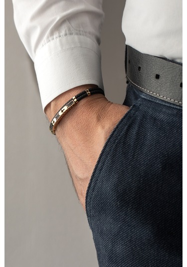 14 Ayar Altın Haç İşaretli Siyah Kauçuk Erkek Bileklik Siyah