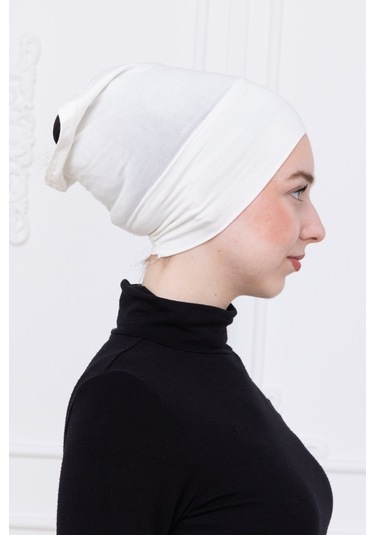 Pratik Boru Bone Ekru Geçmeli - Kaymaz Önü Dikişsiz Kadın Tesettür Hazır İç Bone Ekru