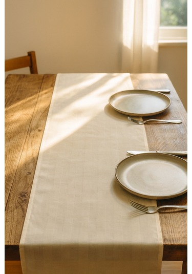 Yunusoğlu Home Krem Çizgili Pamuklu Şık Masa Runnerı 50x150 Cm Modern Ve Zarif Masa Örtüsü Runner Krem