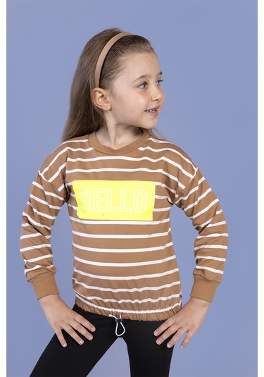 Toontoy Kız Çocuk Çizgi Desenli Baskılı Sweatshirt Kahverengi