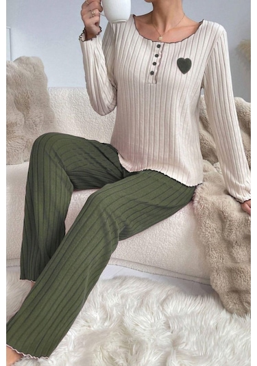 Bella Notte Nakışlı Yeşil Pamuklu Kalp Detaylı Pijama Takımı Haki