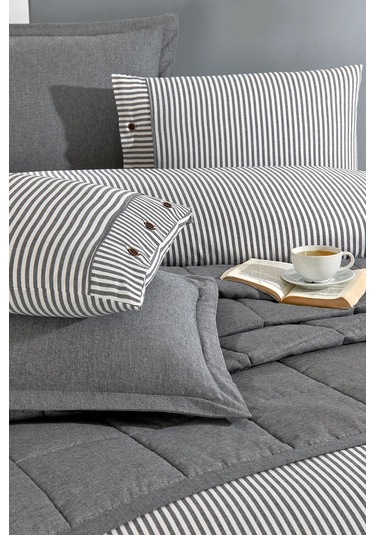 Life %100 Pamuk Nevresim Takımı Ve Yatak Örtüsü 7 Parça Antrasit Bej