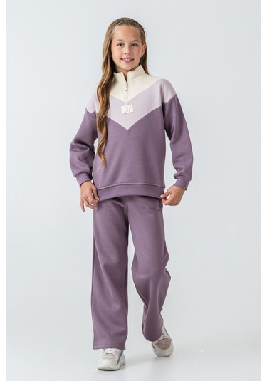 Kız Çocuk Kelebek Detaylı Yarım Fermuarlı 3 İplik Kalın Kışlık Eşofman Takımı Ak4233 Mor