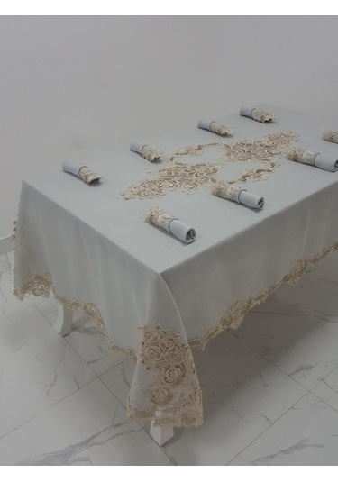 Finezza Henna Güpürlü Keten Gri Sofra Takımı 8 Kişilik 160X230 Cm