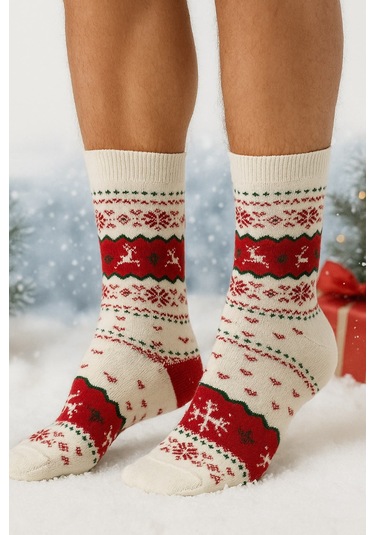Plus Scorpion Erkek Yılbaşı Soket Çorap Pamuklu, Desenli, Sıcak Tutan Noel Temalı 40-45 Numara Beyaz - Kırmızı