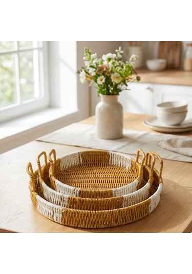 Buffer İç İçe Geçebilen 3 Lü Yuvarlak Plastik Rattan Tepsi Seti Çift Renkli Hasır Gör