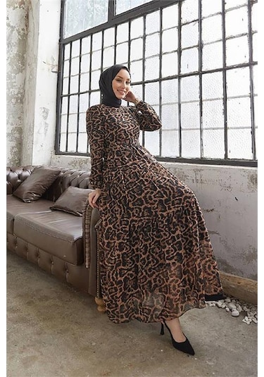 Neşeli Butik Kadın Leopar Desenli İthal Kumaş Tesettür Şifon Elbise Sms028 Siyah