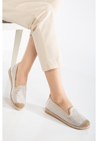 Suins Lujo Model Siyah&ten Taş İşlemeli Kadın Babet Ayakkabı Ten