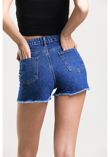 Pass&Pass 2050 Kadın Püsküllü Paça Jeans Denim Kot Şort Mavi