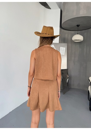 Kadın Suni Süet A Kesim Esnek Mini Etek Camel