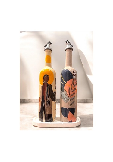 El Yapımı Dekoratif Yağdanlık, Afro Kadın Ve Tropikal Yaprak Desenli Zeytinyağı, Sirkelik, Sosluk Se Barok