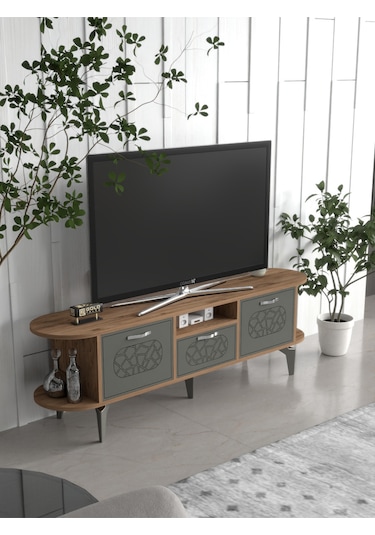 Tv Sehpası Tv Ünitesi Kapaklı Raflı Setro Traverten Çok Renkli