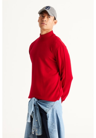 AC&Co / Altınyıldız Classics Erkek Kırmızı Standart Fit Normal Kesim Yarım Balıkçı Yaka Triko Kırmızı