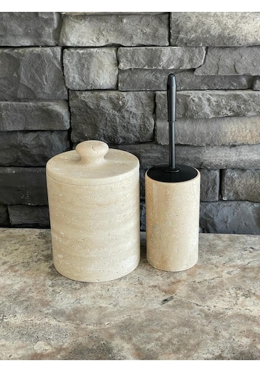 Traverten Doğal Taş Çöp Kovası Ve Wc Fırçalığı 2'li Mat Siyah Fırça Beyaz