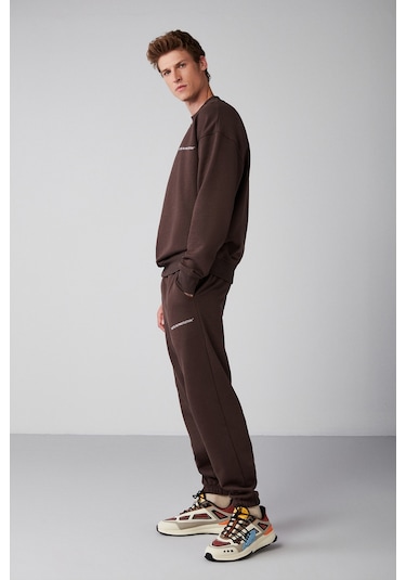 Marshall Erkek Pamuklu Içi Polarlı Nakışlı Relaxed Kahverengi Eşofman Takımı
